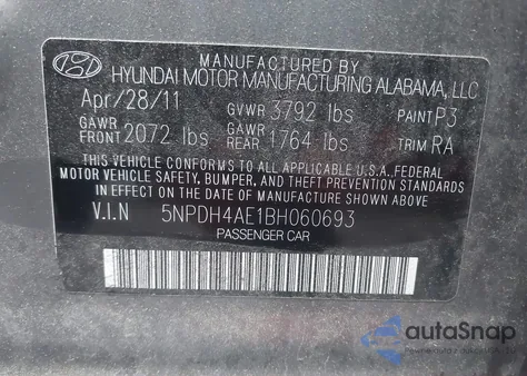 2011 Hyundai Elantra Gls from USA, damaged, VIN 5NPDH4AE1BH060693